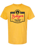 Yellow Bullzerk tee featuring the slogan 'World Famous in Texas,' perfect as a Texas themed gift, Texas Made Gifts, and a Dallas souvenir. This stylish shirt is ideal for those looking for unique Texan gifts.