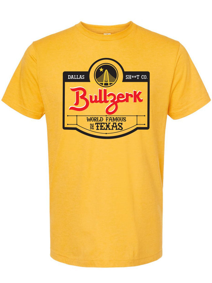 Yellow Bullzerk tee featuring the slogan 'World Famous in Texas,' perfect as a Texas themed gift, Texas Made Gifts, and a Dallas souvenir. This stylish shirt is ideal for those looking for unique Texan gifts.