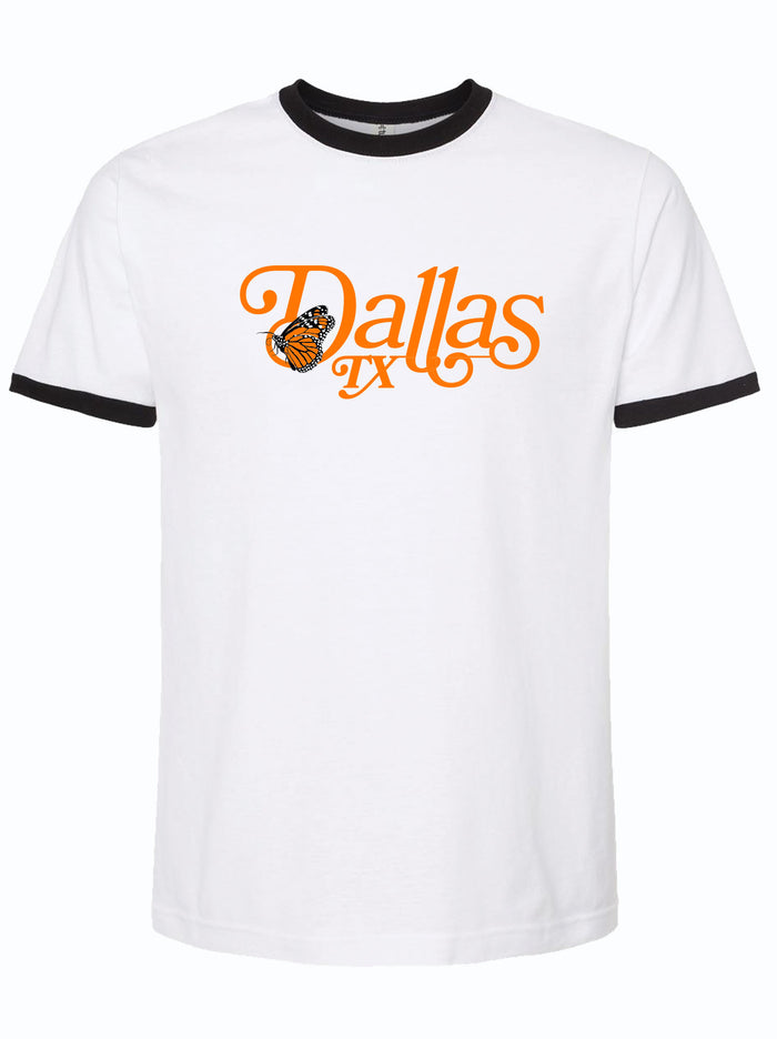 White t-shirt with 'Dallas TX' printed in orange with a Monarch butterfly on a white background