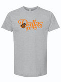 Light gray tshirt with a graphic of a monarch butterfly and orange text reading "Dallas Tx."
