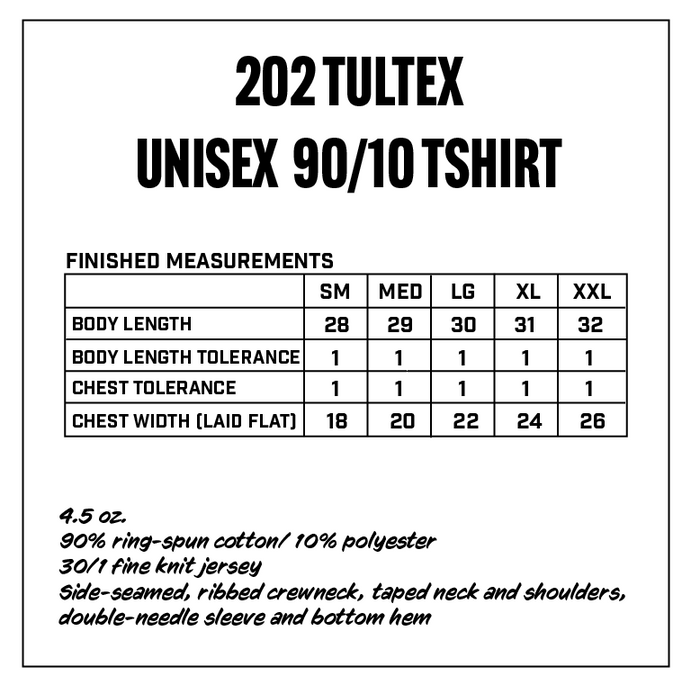 Measurement chart for 202 Tultex Unisex 90/10 t-shirt with size chart and fabric details.