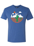 Royal blue tshirt with graphic design of a cactus in front of the Dallas Skyline.
