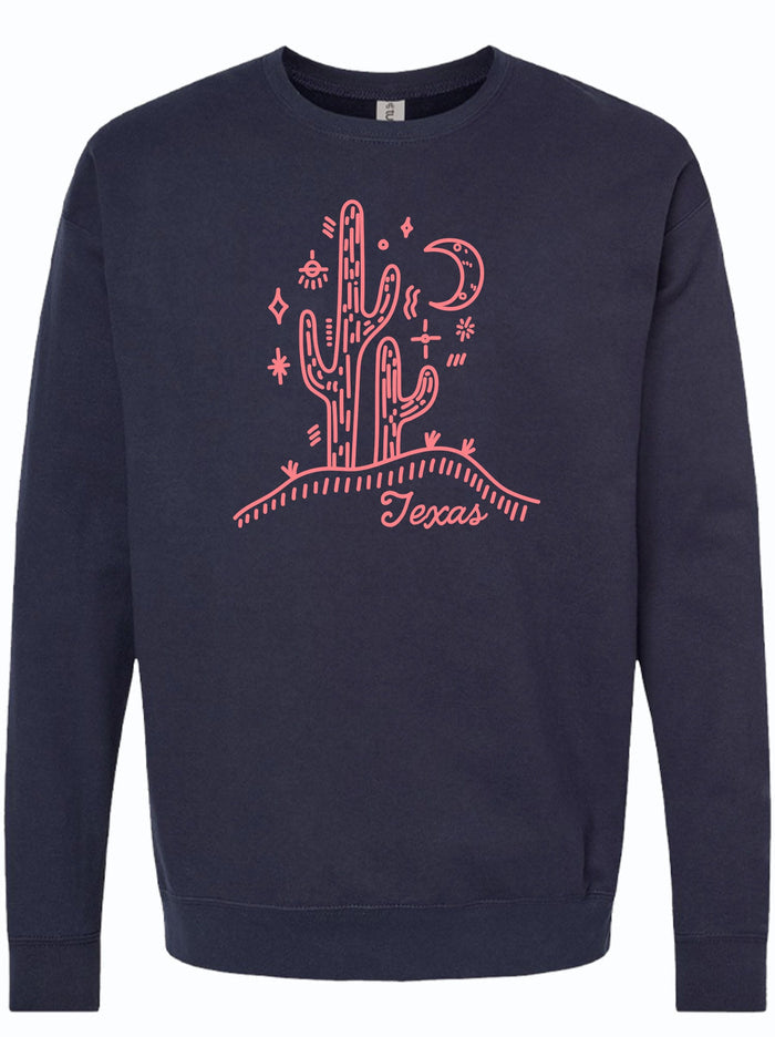 Cactus Texas Crew Neck Sweater featuring a vibrant cactus design and moon illustration, perfect as a Texas themed gift, part of Texas Made Gifts collection, ideal souvenirs from Texas for anyone looking to bring home a piece of the Lone Star State, suitable as a Dallas souvenir or unique Texan gifts.