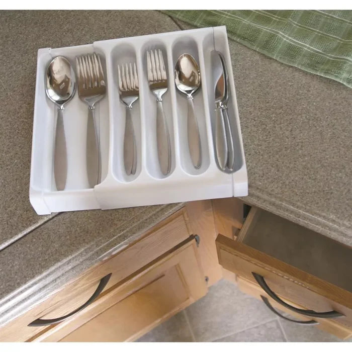 White Plastic Camco Adjustable Cutlery Tray with Silverware - Lifestyle Counter View | United RV Parts