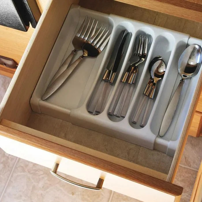 Camco 43503 Adjustable Cutlery Tray Fitted in Open RV Kitchen Drawer - Top-Down View | United RV Parts