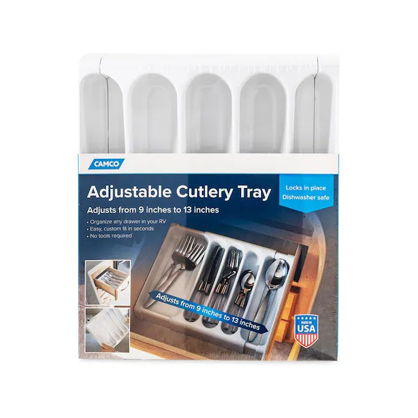 Camco 43503 Adjustable Cutlery Tray Retail Packaging Front - Adjusts 9 to 13 Inches for RV Drawers | United RV Parts