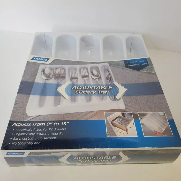 Camco 43503 Adjustable Cutlery Tray in Retail Box - Front Angle Showing RV Drawer Organizer | United RV Parts