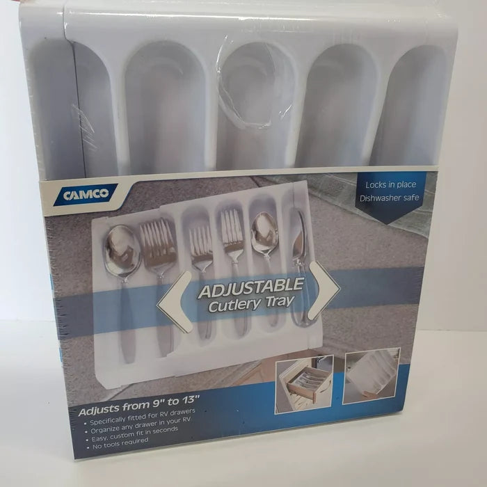 Camco Adjustable Cutlery Tray Sealed Packaging - Side Angle Showing 5-Compartment Divider Tray | United RV Parts