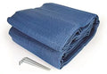 Blue Woven RV Patio Mat Folded with Ground Stakes - Product View | United RV Parts