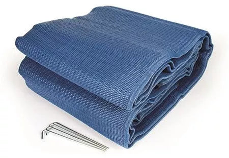 Blue Woven RV Patio Mat Folded with Ground Stakes - Product View | United RV Parts