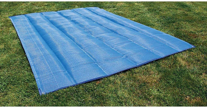 Camco Blue RV Awning Mat 9x12 Laid Flat on Grass - Lifestyle View | United RV Parts