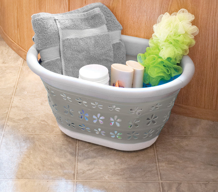 Camco 51951 Collapsible Basket Holding Towels and Toiletries - RV Bathroom Lifestyle | United RV Parts