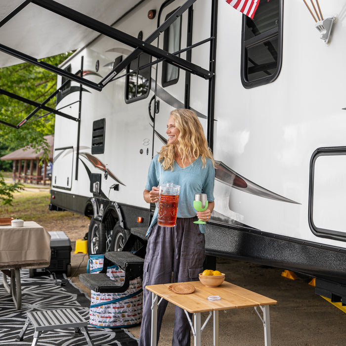 Camco Bamboo Folding Table in Use at RV Campsite - Lifestyle Setup | United RV Parts