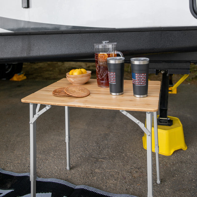 Camco 51895 Bamboo Table with Travel Mugs and Bowl - Close-Up Use | United RV Parts