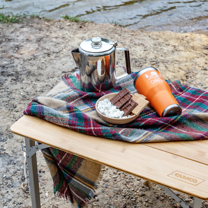 Camco Bamboo Camping Table with Coffee Percolator Setup - Outdoor Use | United RV Parts