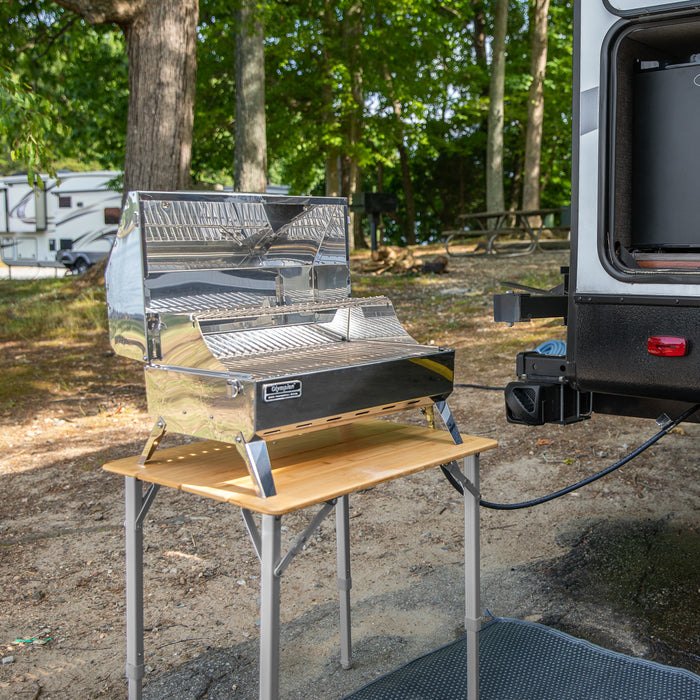 Camco 51895 Bamboo Table Supporting Portable Grill at Campsite | United RV Parts