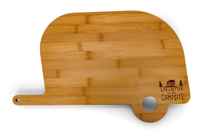 Camco 53089 Natural Bamboo RV Trailer-Shaped Cutting Board - Reverse Side with Engraved Logo | United RV Parts