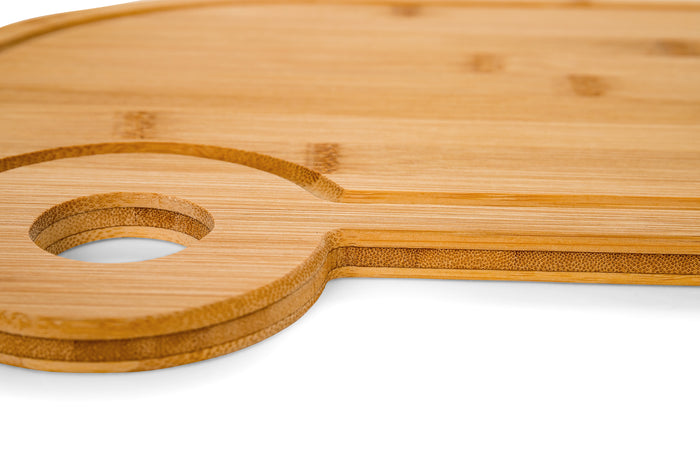 Camco Bamboo RV Cutting Board - Close-Up of Wheel Cutout and Juice Groove Edge Detail | United RV Parts