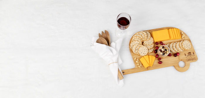 Camco 53089 Retro RV Bamboo Cutting Board Styled as Cheese Board with Crackers and Red Wine | United RV Parts