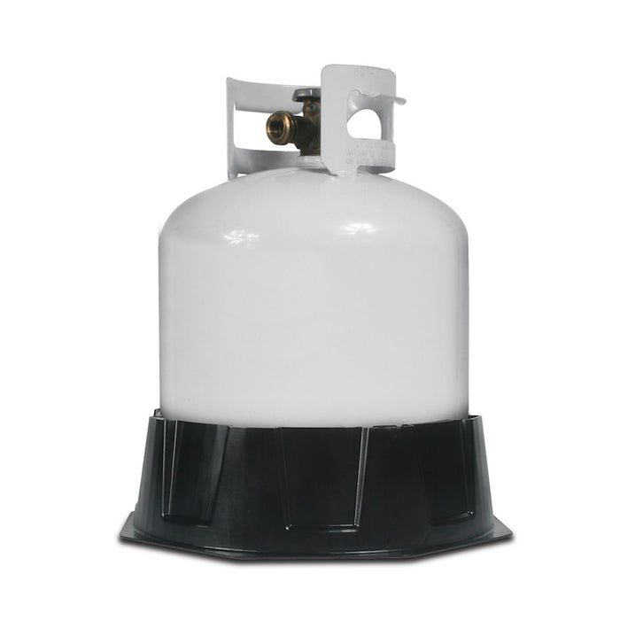 Camco 57236 Black Propane Tank Stabilizing Base with 20 lb Cylinder Installed - Front View | United RV Parts