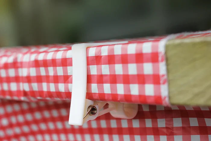 White Tablecloth Clamp Securing Red Checkered Cloth - In Use | United RV Parts