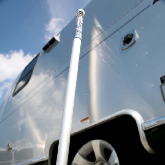 Silver Aluminum Telescoping Flag Pole - Low Angle RV Mount View | United RV Parts