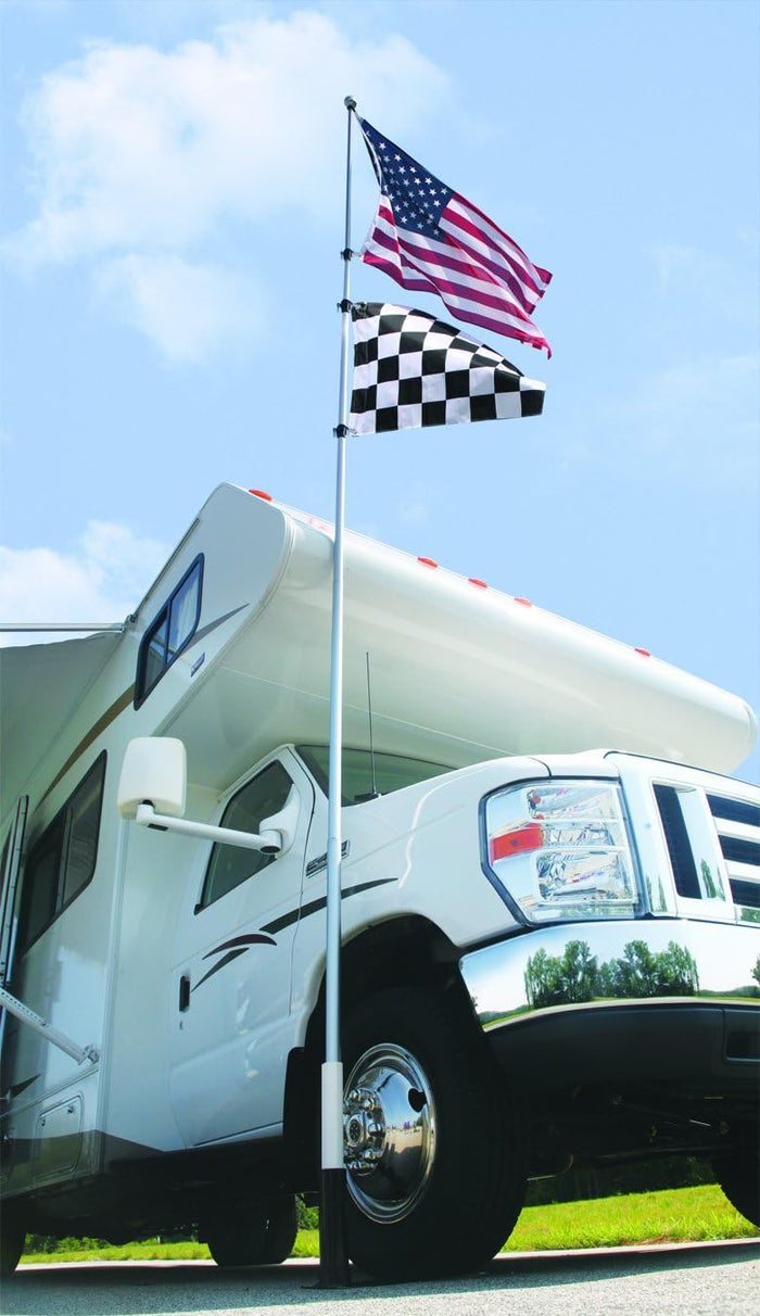 White Fiberglass Telescoping Flagpole - RV Installation View | United RV Parts