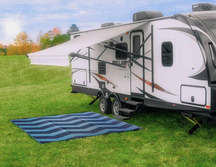 Blue Chevron Camco RV Outdoor Patio Mat Laid Outside Travel Trailer - Lifestyle | United RV Parts