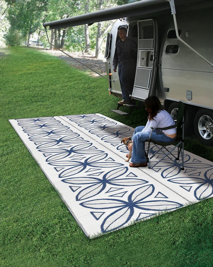Navy Camco Patio Mat 8x20 - RV Outdoor Setup with Travel Trailer | United RV Parts
