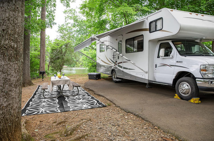 Charcoal Camco Patio Mat 8x20 - RV Campsite Setup with Motorhome | United RV Parts