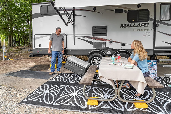 Charcoal Camco Patio Mat 8x20 - RV Camping Setup with Picnic Table | United RV Parts