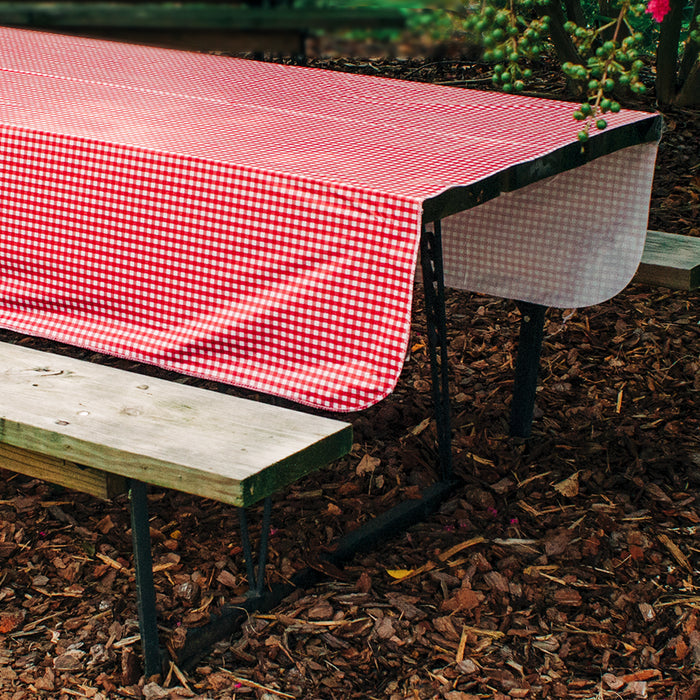 Camco 51019 Red White Picnic Tablecloth Draped Over Outdoor Table - Lifestyle Detail | United RV Parts
