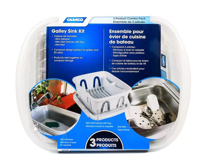 Camco White RV Galley Sink Kit 43517 - Front Package View with 3-Piece Contents | United RV Parts