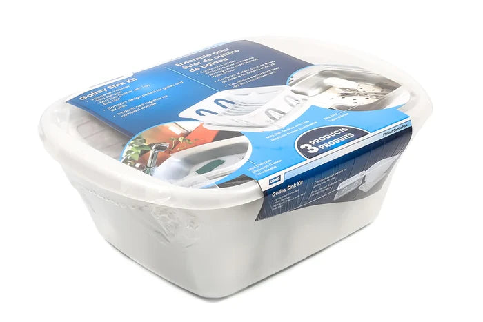 Camco White ABS Plastic RV Sink Kit 43517 - Angled Side View in Packaging | United RV Parts