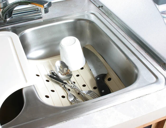 White Camco Sink Mat In Use - RV Sink with Dishes and Utensils | United RV Parts