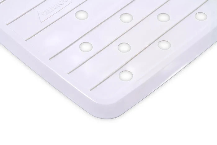 White Camco RV Sink Mat Corner Detail - Non-Slip Feet Close-Up | United RV Parts