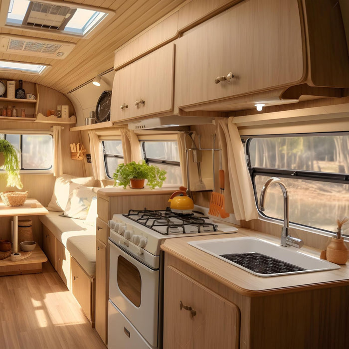 Black Camco Sink Mat 43721 In Use RV Kitchen Interior | United RV Parts