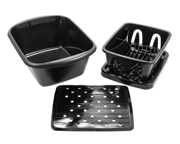 Black Plastic RV Sink Kit 3-Piece Set - Dishpan, Dish Drainer with Tray, Sink Mat | United RV Parts
