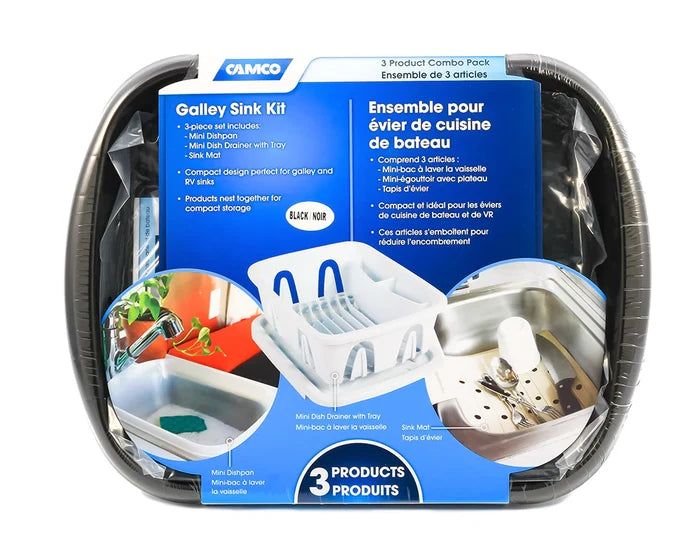 Camco Galley Sink Kit 43518 Black - Front Package Label Showing 3-Piece Contents | United RV Parts