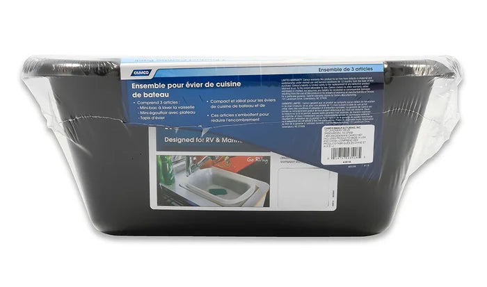 Camco 43518 Black RV Sink Kit Packaging - Back View with Warranty Info | United RV Parts