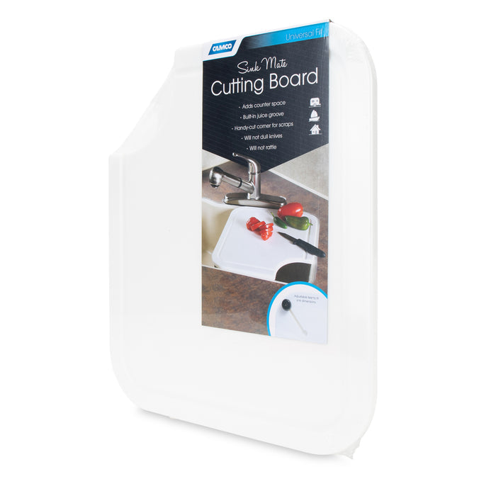 White Camco Sink Mate Cutting Board Package - Side View with Product Features | United RV Parts
