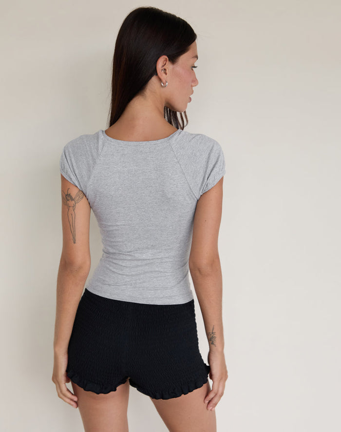 Image of Chihiro Puff Sleeve Baby Tee Top in Grey Marl