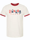 White t-shirt with red trim featuring 'Dallas Texas' text and cowboy boot graphics on a white background
