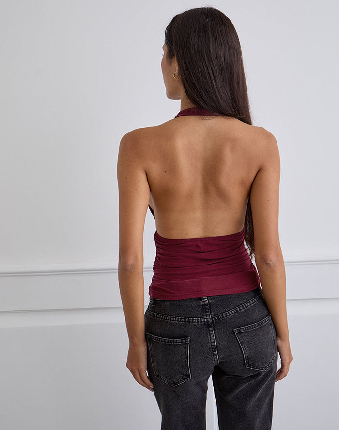 Image of Cosimo Halterneck Top in Cupro Dark Red