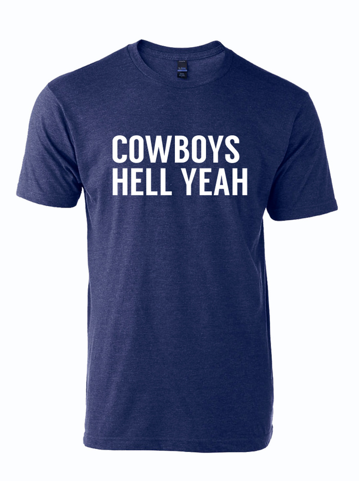 Navy tshirt with text reading "Cowboys Hell Yeah" in white letters.