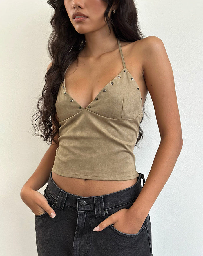 Image of Cressa Top in Faux Suede Mushroom Grey