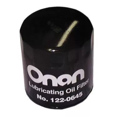 Black Onan Lubricating Oil Filter 122-0645 - Top Angle | United RV Parts