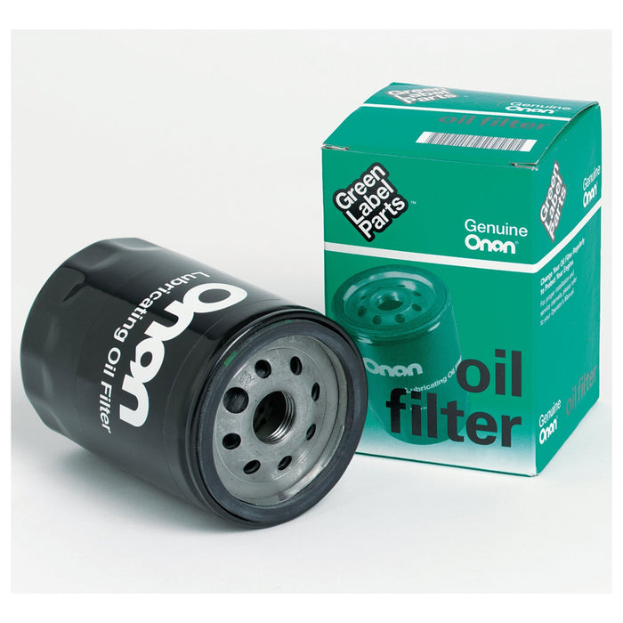 Black Cummins Onan 122-0800 Generator Oil Filter - Side View with Packaging | United RV Parts