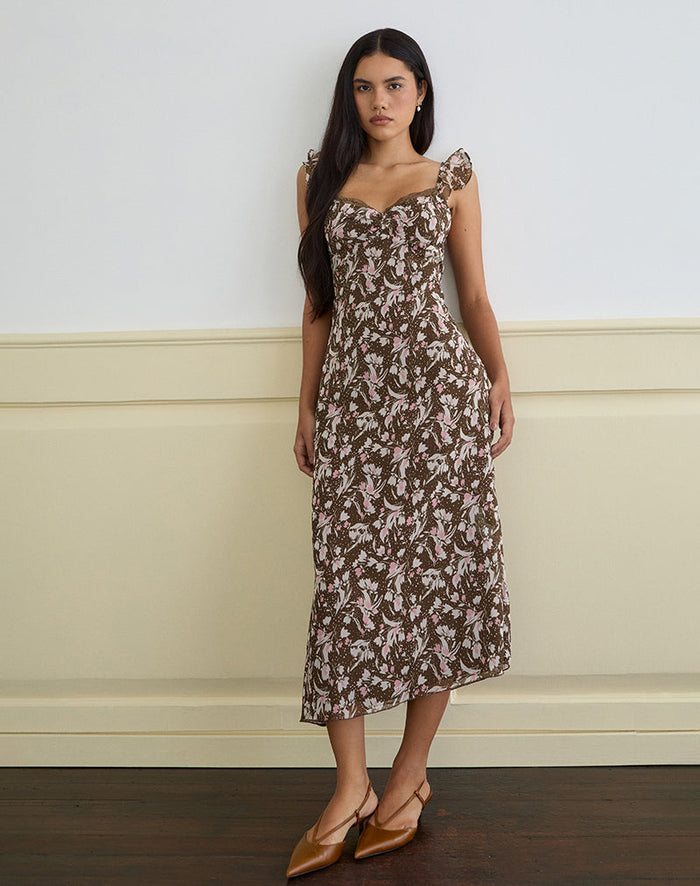 Image of Daita Midi Dress in Brown and Pink Polka Flower Chiffon