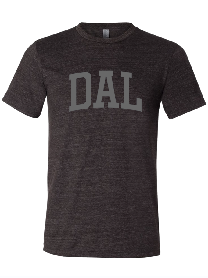 Dark, charcoal gray tshirt with text reading "DAL" in gray ink.